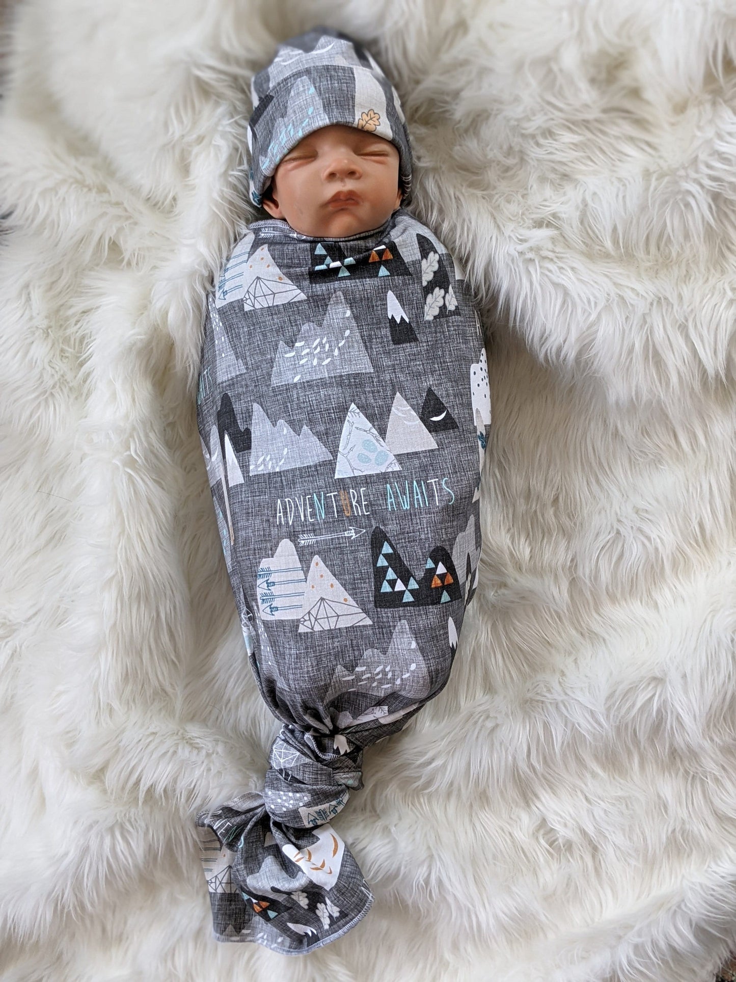 Adventure Awaits Mountain Baby Blanket + Matching Hat or Headband in Charcoal Gray,Outdoorsy,Whimsy
