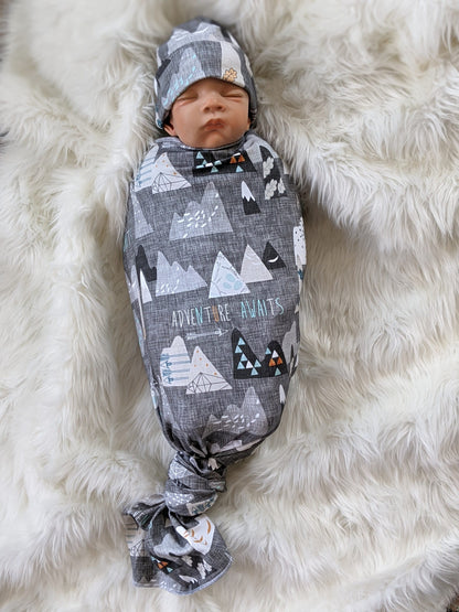 Adventure Awaits Mountain Baby Blanket + Matching Hat or Headband in Charcoal Gray,Outdoorsy,Whimsy