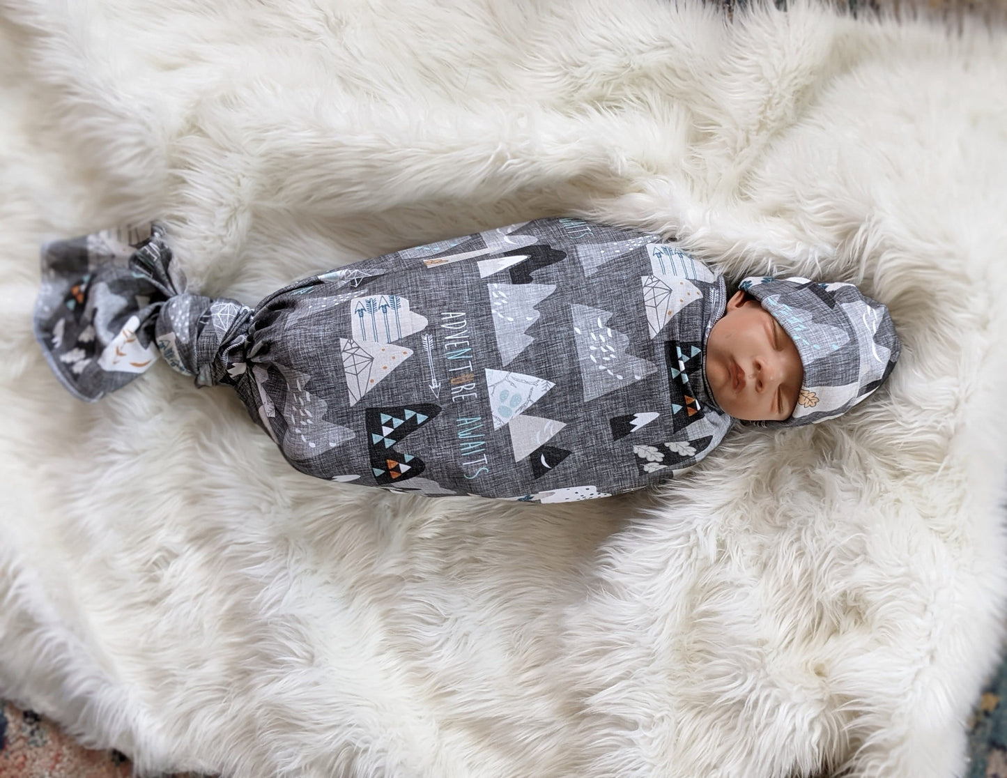 Adventure Awaits Mountain Baby Blanket + Matching Hat or Headband in Charcoal Gray,Outdoorsy,Whimsy