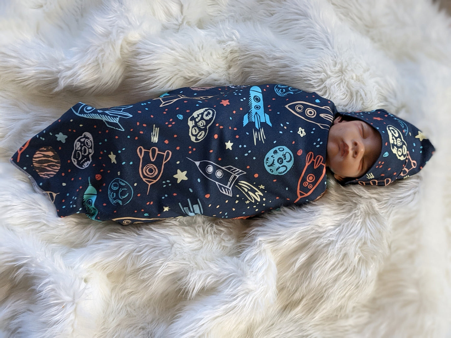 Outer Space Baby Blanket + Matching at or Headband in Navy Blue,LG Stretch,Planet Swaddle,Moon Star Newborn