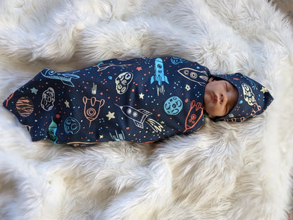 Outer Space Baby Blanket + Matching at or Headband in Navy Blue,LG Stretch,Planet Swaddle,Moon Star Newborn