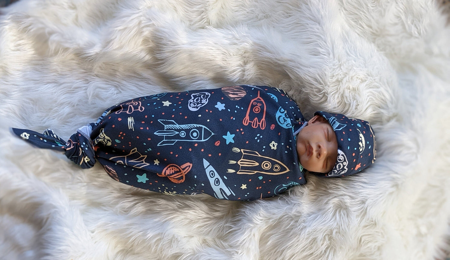 Outer Space Baby Blanket + Matching at or Headband in Navy Blue,LG Stretch,Planet Swaddle,Moon Star Newborn