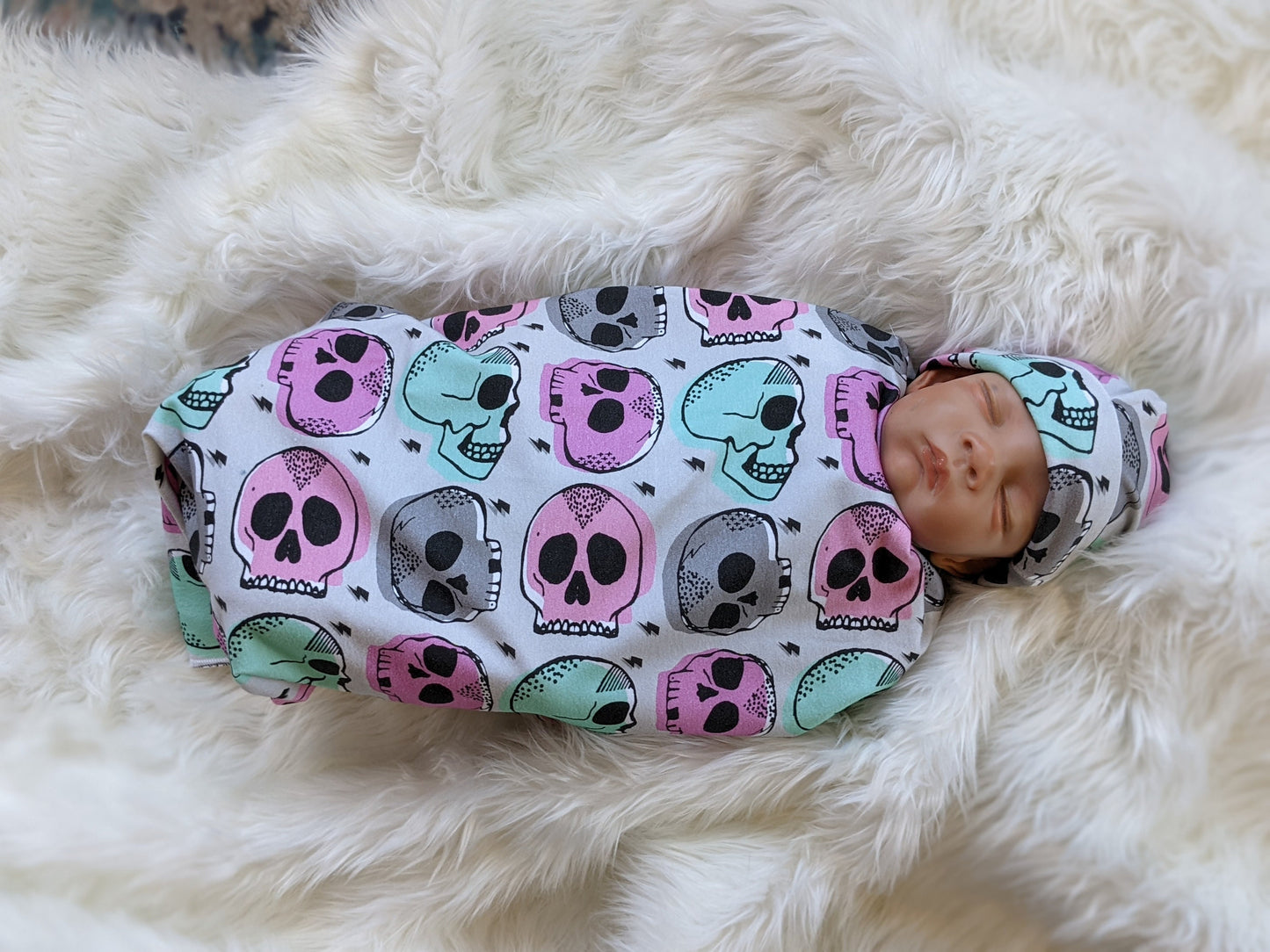 Candy Skull Baby Blanket, Girl Skulls in Pink Mint Baby Swaddle Blanket + matching Hat or Headband,Goth Baby