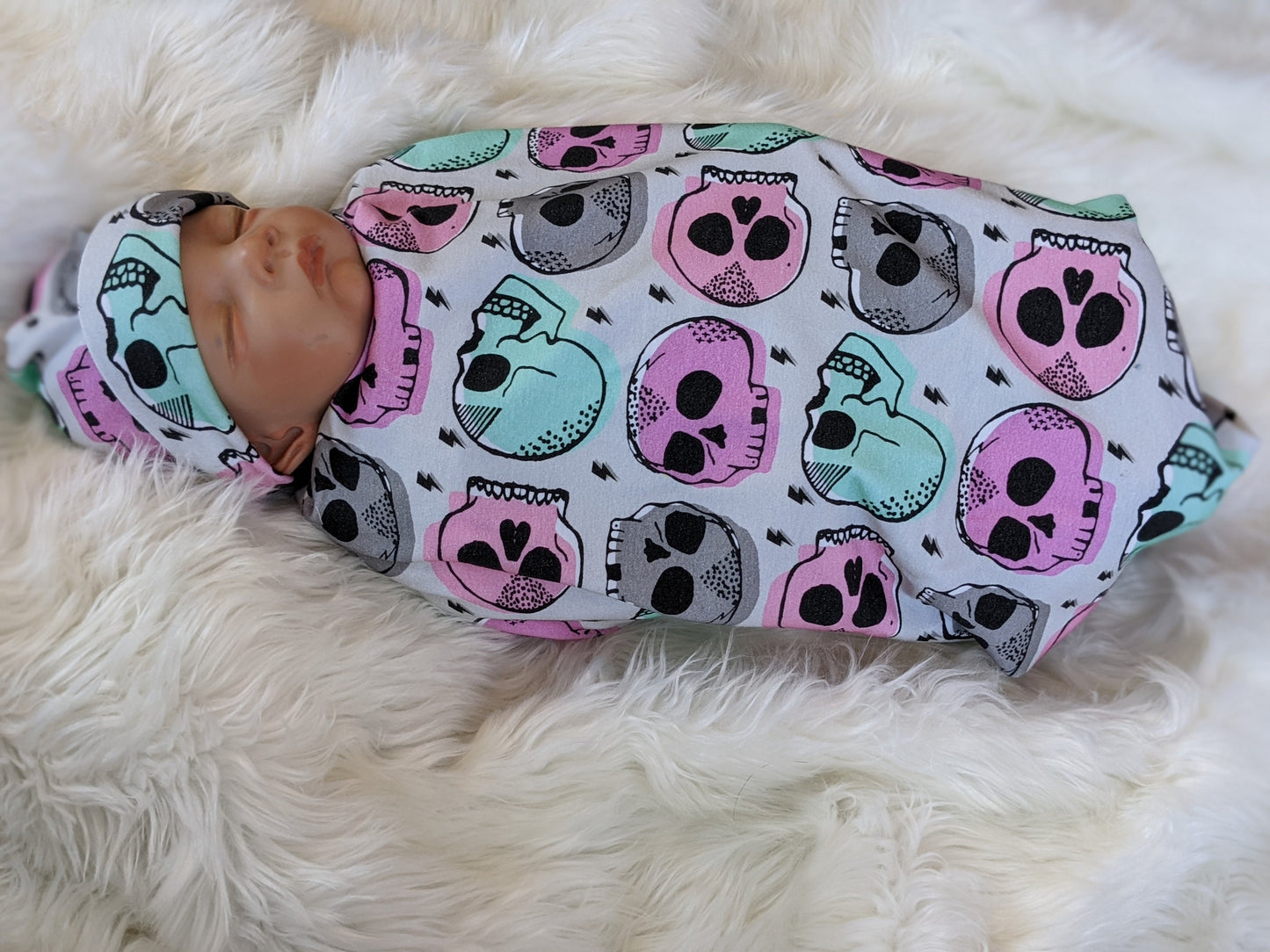 Candy Skull Baby Blanket, Girl Skulls in Pink Mint Baby Swaddle Blanket + matching Hat or Headband,Goth Baby