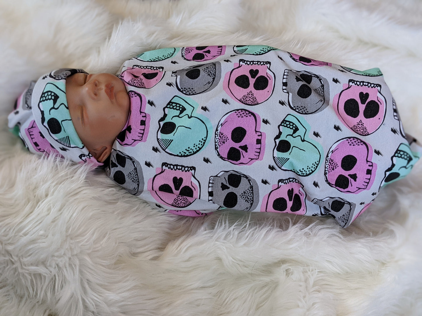 Candy Skull Baby Blanket, Girl Skulls in Pink Mint Baby Swaddle Blanket + matching Hat or Headband,Goth Baby