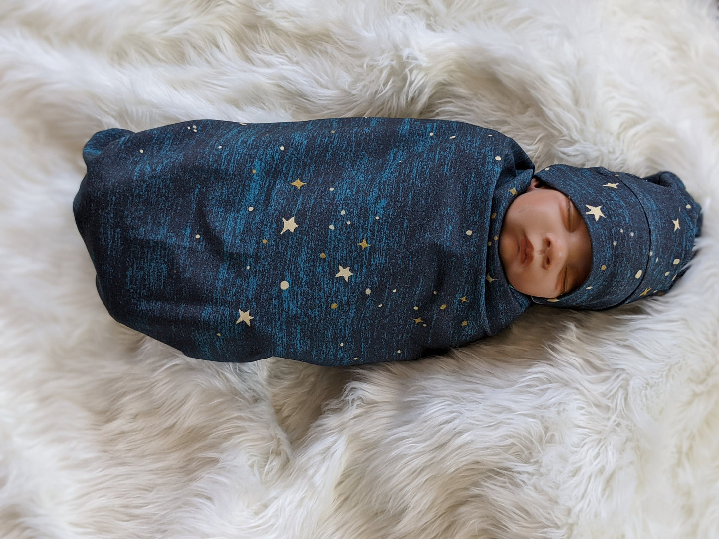 Midnight Teal Blue Space Star Baby Set Blanket BeanieHeadband Swaddle Nursing Cover - Hospital Going Home Outfit