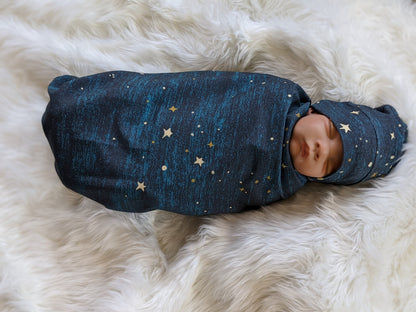 Midnight Teal Blue Space Star Baby Set Blanket BeanieHeadband Swaddle Nursing Cover - Hospital Going Home Outfit