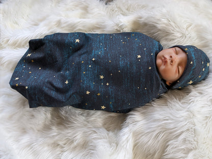 Midnight Teal Blue Space Star Baby Set Blanket BeanieHeadband Swaddle Nursing Cover - Hospital Going Home Outfit