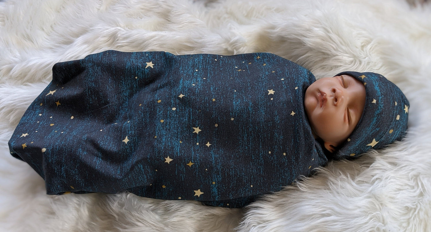 Midnight Teal Blue Space Star Baby Set Blanket BeanieHeadband Swaddle Nursing Cover - Hospital Going Home Outfit