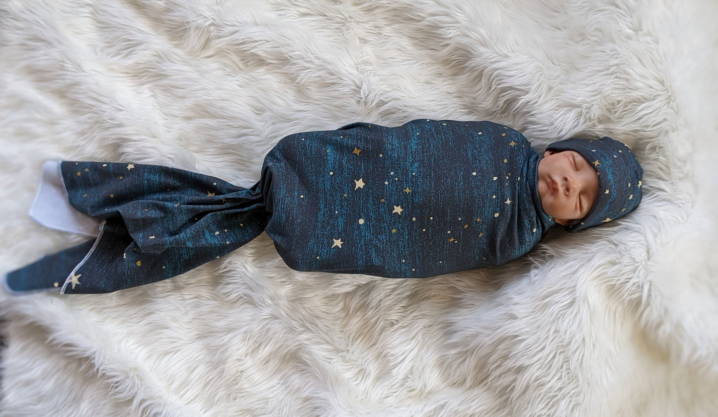 Midnight Teal Blue Space Star Baby Set Blanket BeanieHeadband Swaddle Nursing Cover - Hospital Going Home Outfit