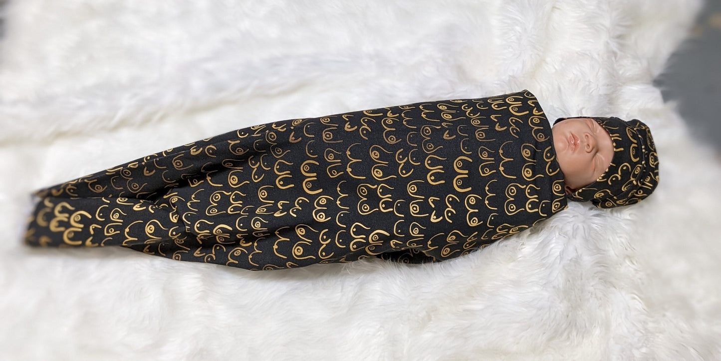 Boob Blanket,Baby Nursing Blanket + Headband or Hat in Gold Boobies on Black