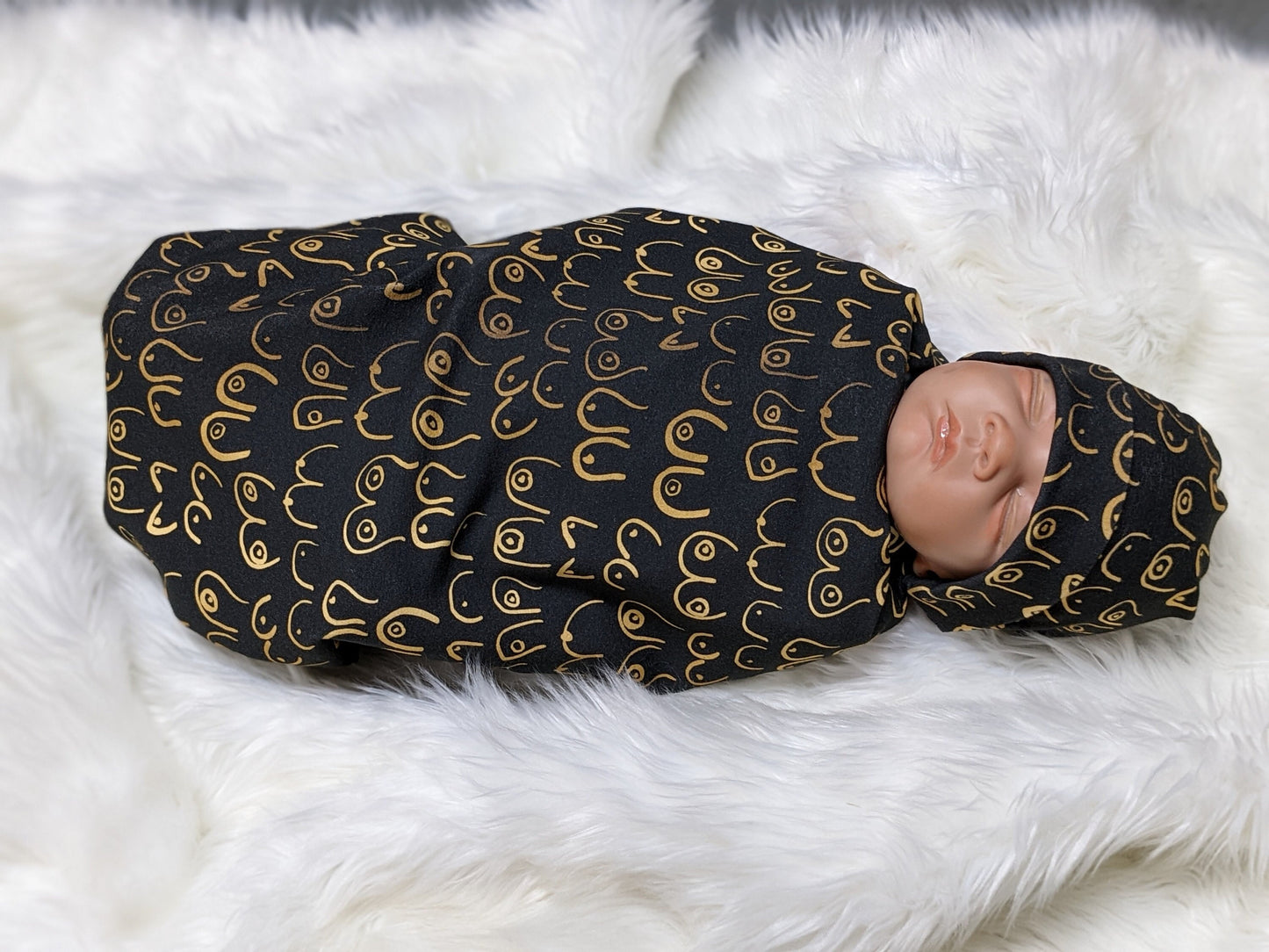 Boob Blanket,Baby Nursing Blanket + Headband or Hat in Gold Boobies on Black