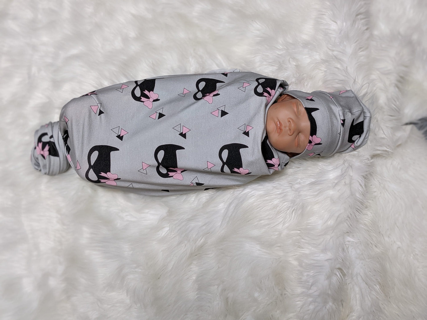 Bat Mask with Bow Baby Blanket + Hat or Headband,Black on Gray LG Knit