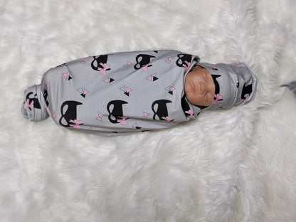 Bat Mask with Bow Baby Blanket + Hat or Headband,Black on Gray LG Knit