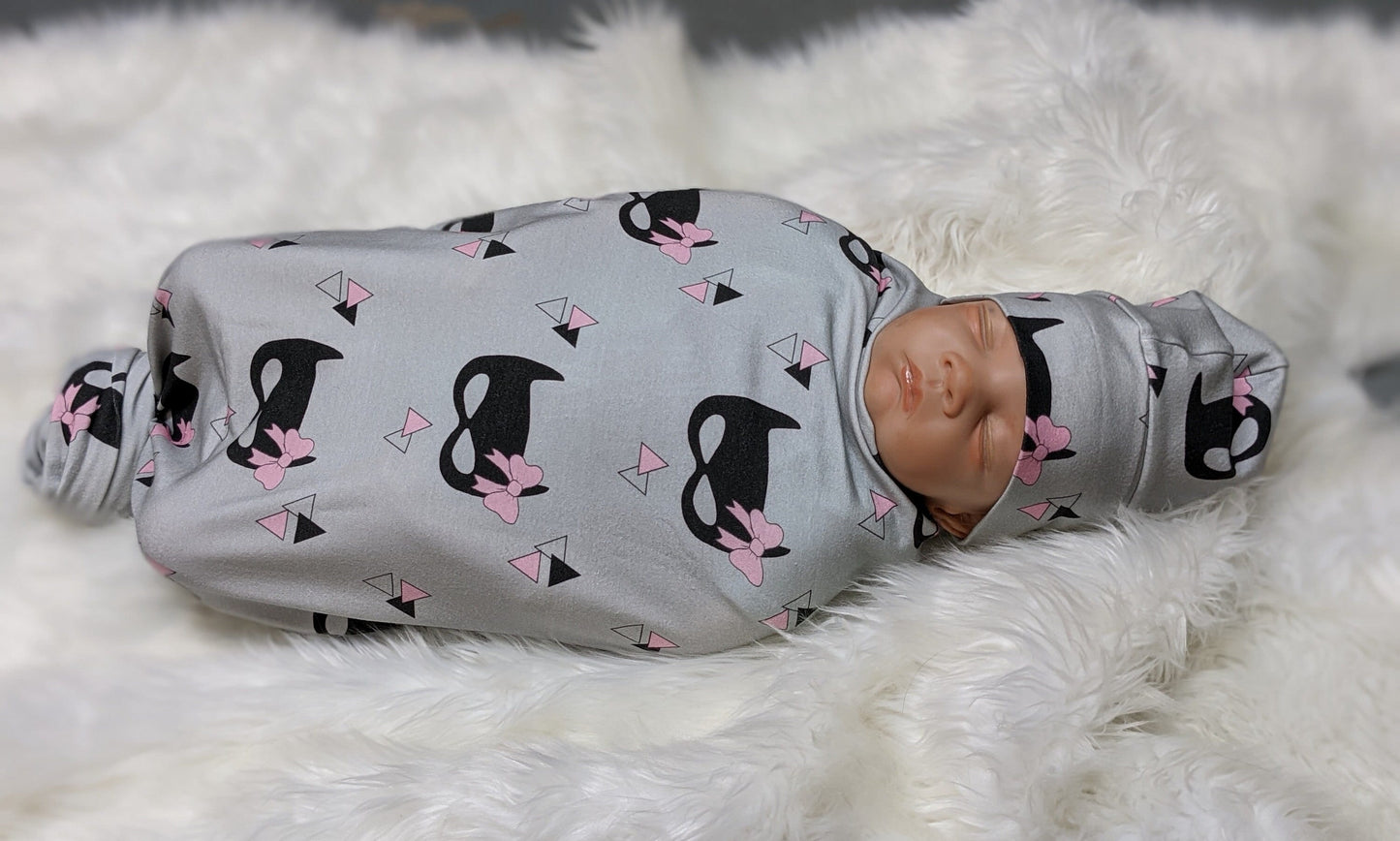 Bat Mask with Bow Baby Blanket + Hat or Headband,Black on Gray LG Knit