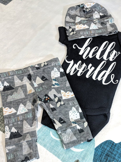 Newborn Coming Home Outfit,Adventure Awaits Pant + Hat or Band + Personal Bodysuit