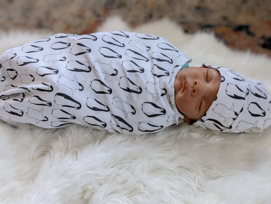 Penguin Baby Blanket and Swaddle Set with Hat or Headband - Black and White Scandi Style