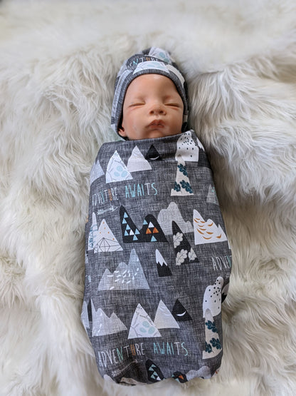 Adventure Awaits Mountain Baby Blanket + Matching Hat or Headband in Charcoal Gray,Outdoorsy,Whimsy