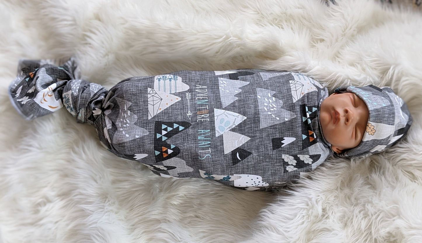 Adventure Awaits Mountain Baby Blanket + Matching Hat or Headband in Charcoal Gray,Outdoorsy,Whimsy