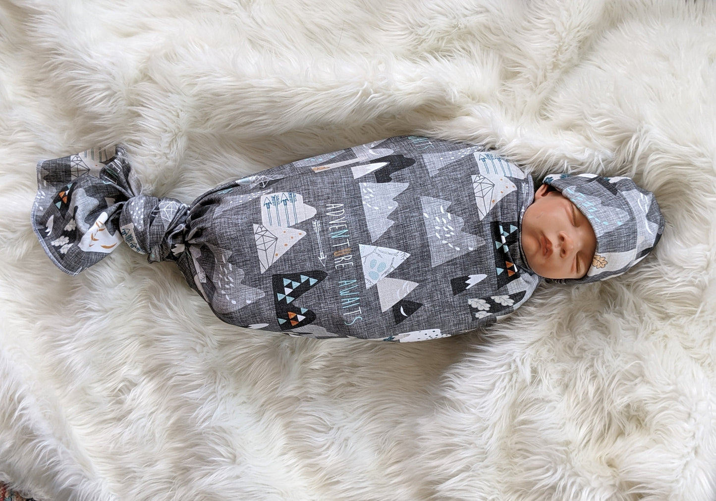 Adventure Awaits Mountain Baby Blanket + Matching Hat or Headband in Charcoal Gray,Outdoorsy,Whimsy