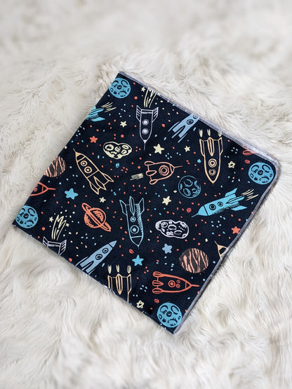 Outer Space Baby Blanket + Matching at or Headband in Navy Blue,LG Stretch,Planet Swaddle,Moon Star Newborn