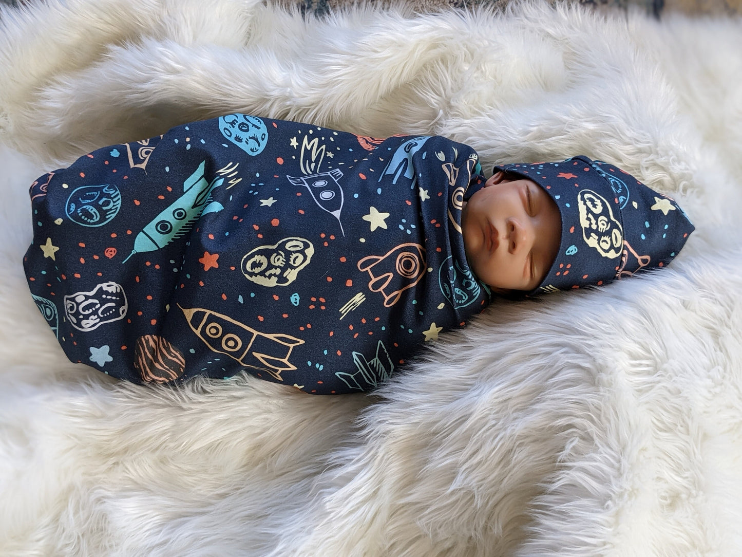 Outer Space Baby Blanket + Matching at or Headband in Navy Blue,LG Stretch,Planet Swaddle,Moon Star Newborn