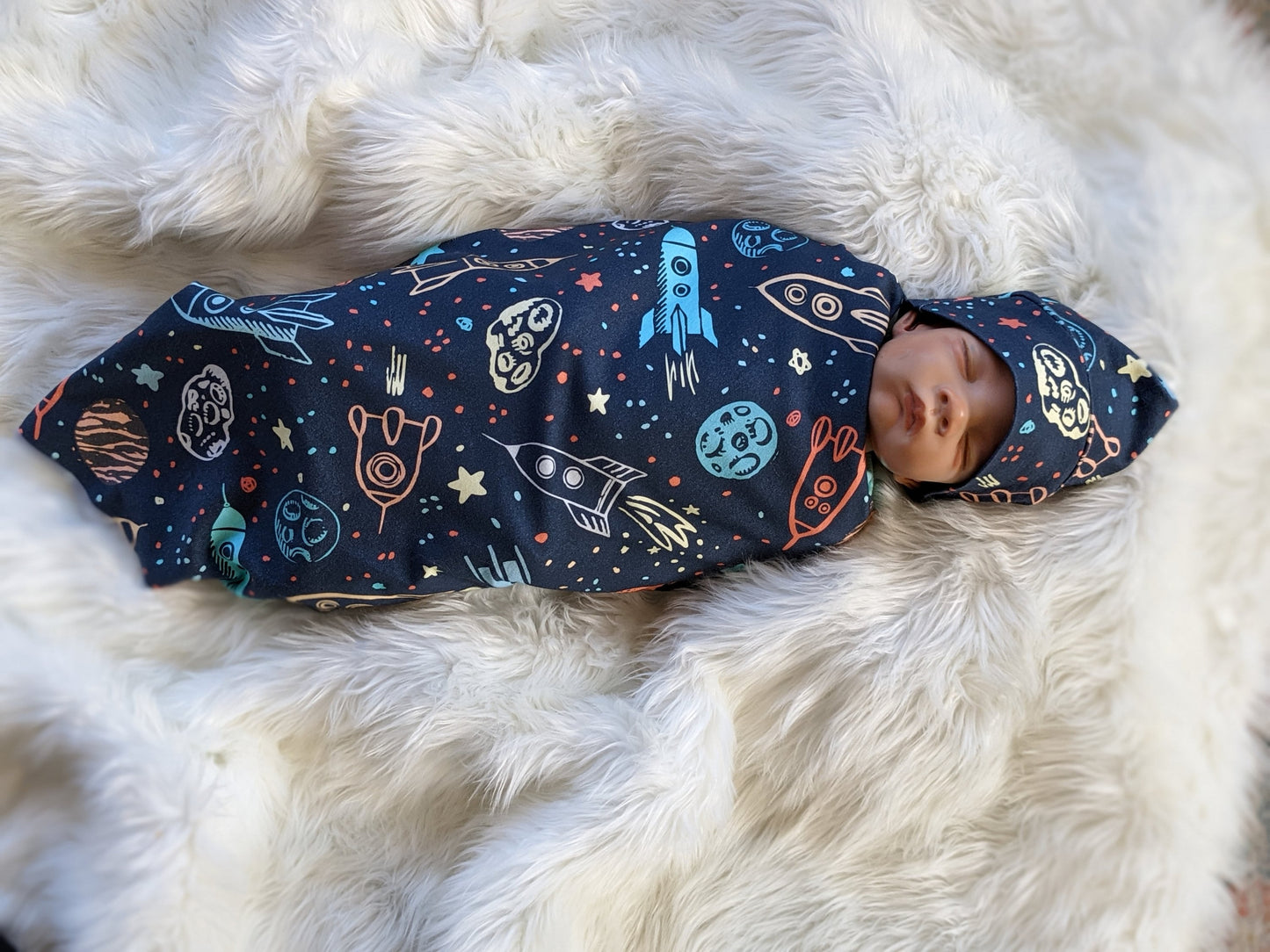 Outer Space Baby Blanket + Matching at or Headband in Navy Blue,LG Stretch,Planet Swaddle,Moon Star Newborn