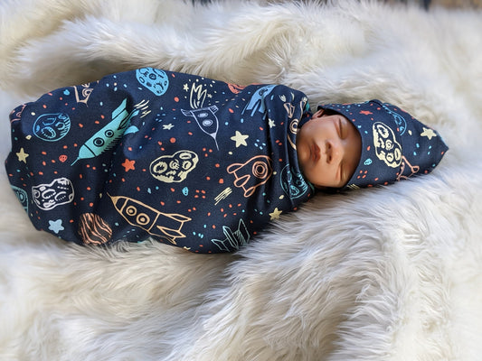 Outer Space Baby Blanket + Matching at or Headband in Navy Blue,LG Stretch,Planet Swaddle,Moon Star Newborn
