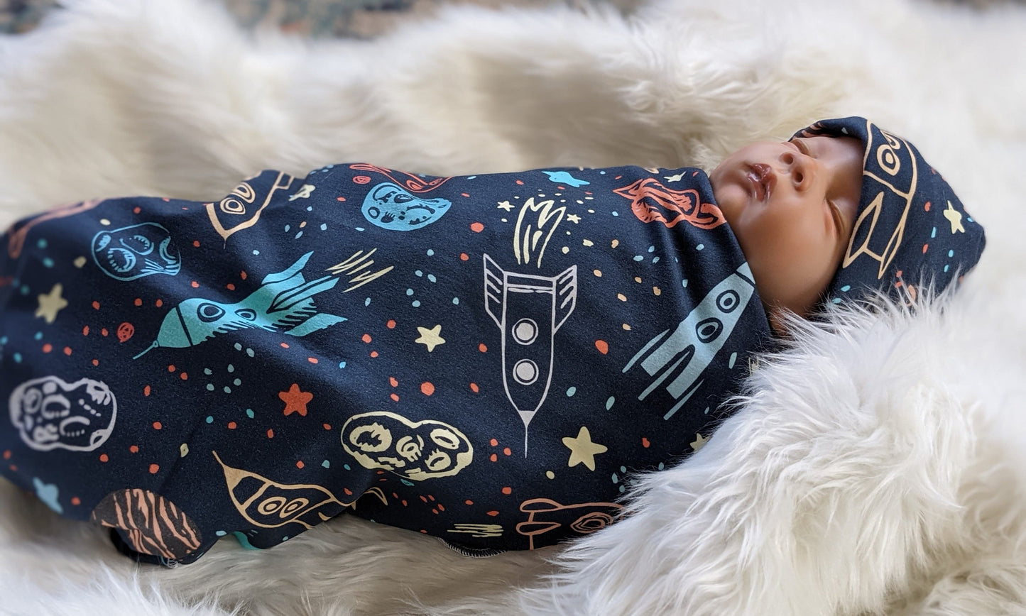 Outer Space Baby Blanket + Matching at or Headband in Navy Blue,LG Stretch,Planet Swaddle,Moon Star Newborn