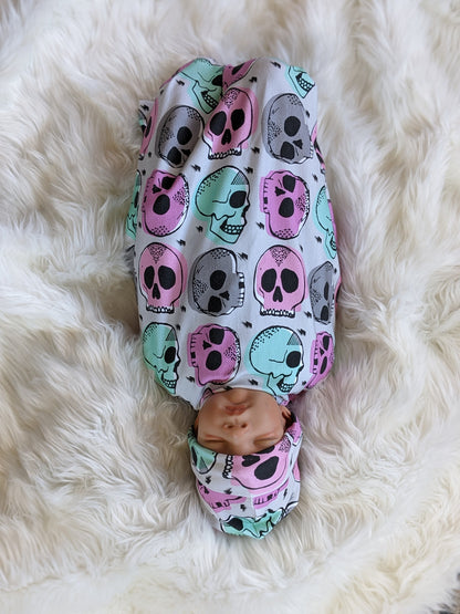 Candy Skull Baby Blanket, Girl Skulls in Pink Mint Baby Swaddle Blanket + matching Hat or Headband,Goth Baby
