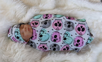 Candy Skull Baby Blanket, Girl Skulls in Pink Mint Baby Swaddle Blanket + matching Hat or Headband,Goth Baby