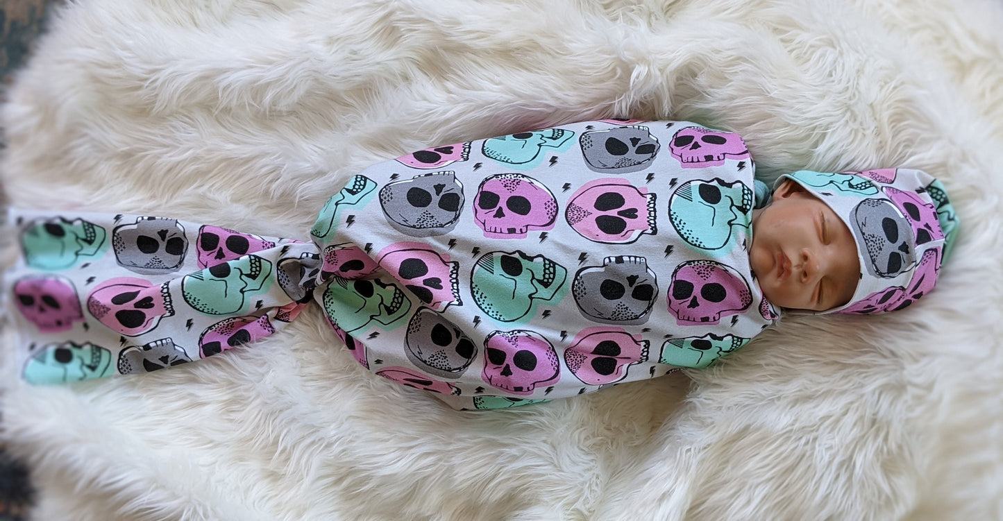 Candy Skull Baby Blanket, Girl Skulls in Pink Mint Baby Swaddle Blanket + matching Hat or Headband,Goth Baby