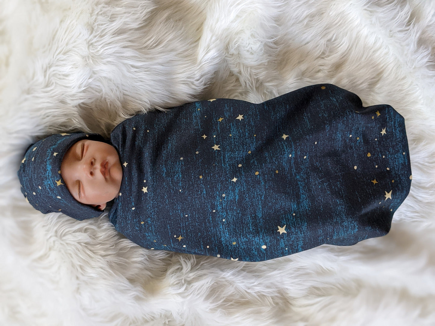 Midnight Teal Blue Space Star Baby Set Blanket BeanieHeadband Swaddle Nursing Cover - Hospital Going Home Outfit