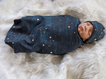 Midnight Teal Blue Space Star Baby Set Blanket BeanieHeadband Swaddle Nursing Cover - Hospital Going Home Outfit