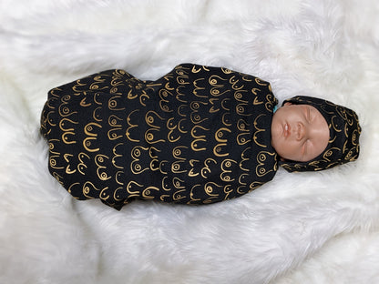 Boob Blanket,Baby Nursing Blanket + Headband or Hat in Gold Boobies on Black