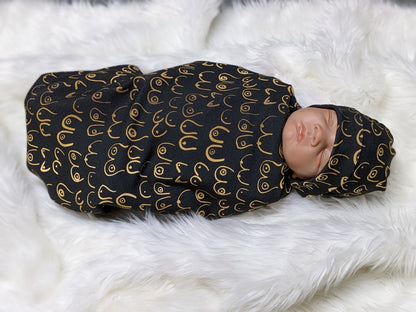 Boob Blanket,Baby Nursing Blanket + Headband or Hat in Gold Boobies on Black