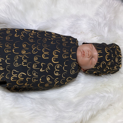 Boob Blanket,Baby Nursing Blanket + Headband or Hat in Gold Boobies on Black