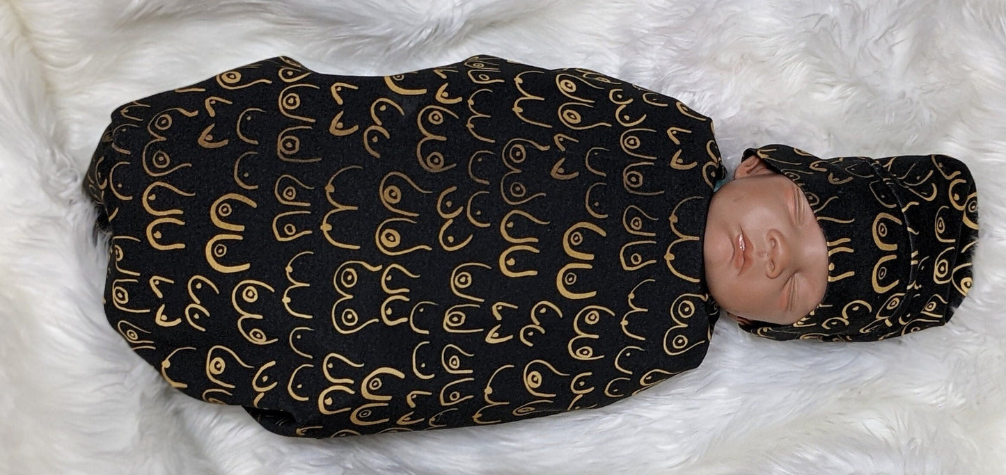 Boob Blanket,Baby Nursing Blanket + Headband or Hat in Gold Boobies on Black