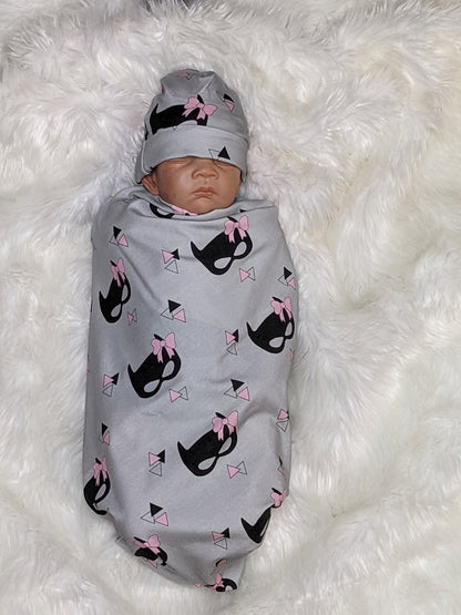 Bat Mask with Bow Baby Blanket + Hat or Headband,Black on Gray LG Knit