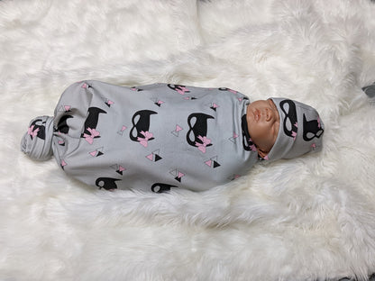 Bat Mask with Bow Baby Blanket + Hat or Headband,Black on Gray LG Knit