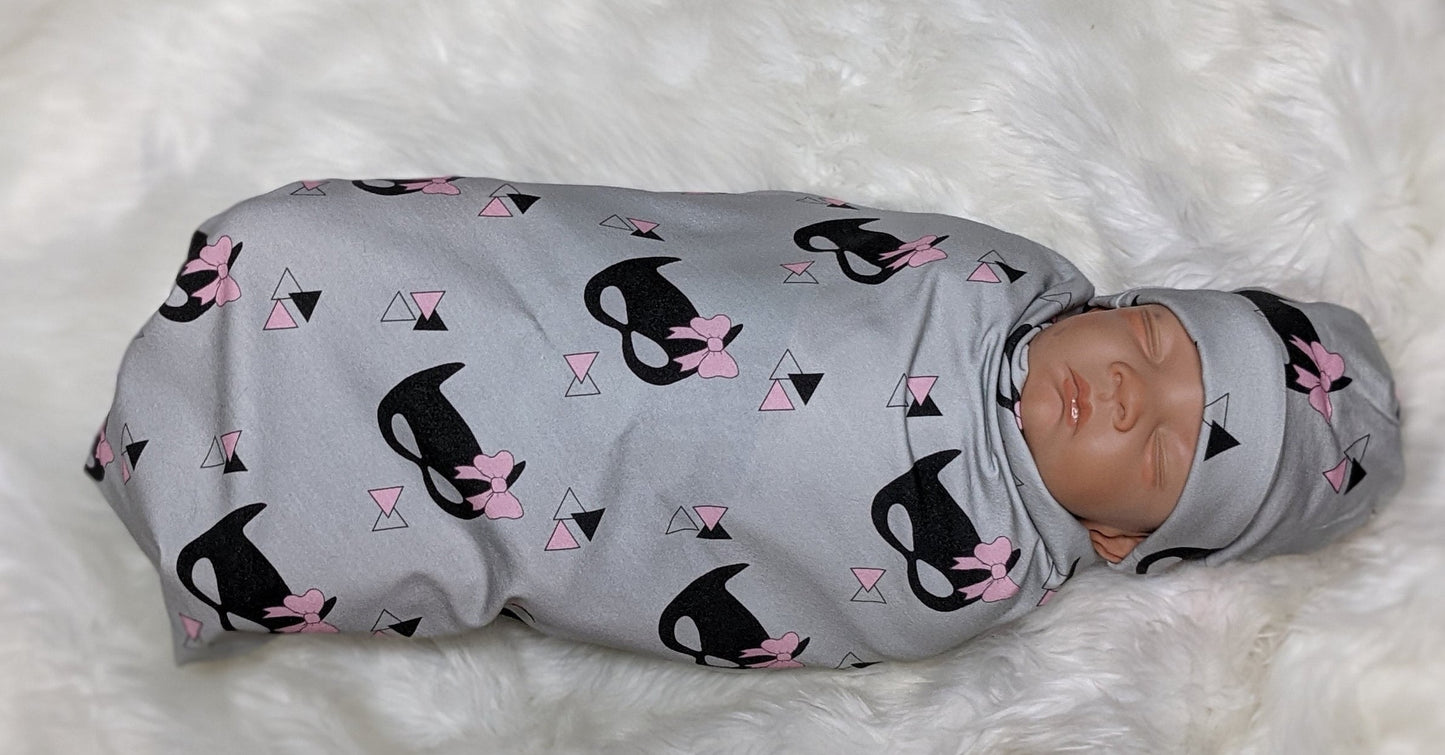 Bat Mask with Bow Baby Blanket + Hat or Headband,Black on Gray LG Knit