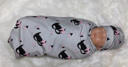 Bat Mask with Bow Baby Blanket + Hat or Headband,Black on Gray LG Knit