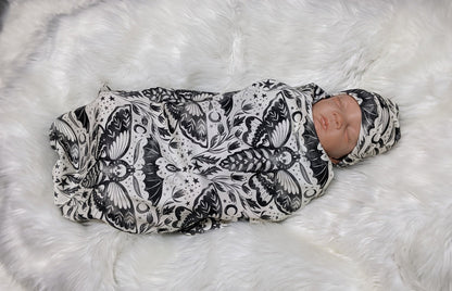 Gothic Baby Moon Magic Swaddle + Hat or Headband,Soft Stretchy Receiving Blanket,Dragonfly Butterfly All Seeing Eye