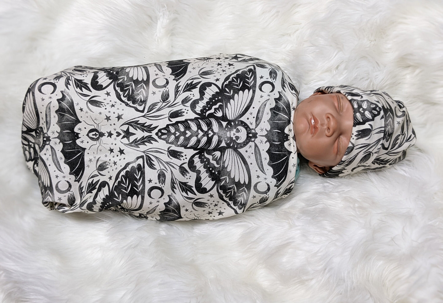 Pastel Goth Baby Swaddle,Enchanted Deaths Head Hawkmoth Damask Blanket + Band or Hat,Boho Baby Clothes,Hippie Baby,Floral Occult Skull