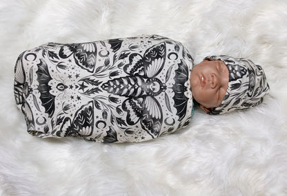 Pastel Goth Baby Swaddle,Enchanted Deaths Head Hawkmoth Damask Blanket + Band or Hat,Boho Baby Clothes,Hippie Baby,Floral Occult Skull