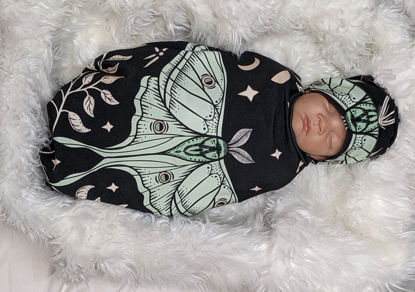 Moon Moth Swaddle Blanket Set + Bow Band or Hat,Mystical Witchy Baby Stuff,Gothic Newborn Clothing for Celestial Moon Baby Hospital Outfit