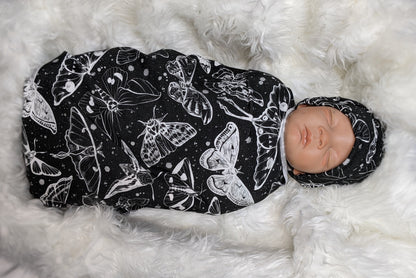 Goth Baby Swaddle,Witchy White Moths Blanket + Headband or Hat,Heavy Metal Baby,Death Moth Blanket,Paint Splatter Print,Fantasy Baby