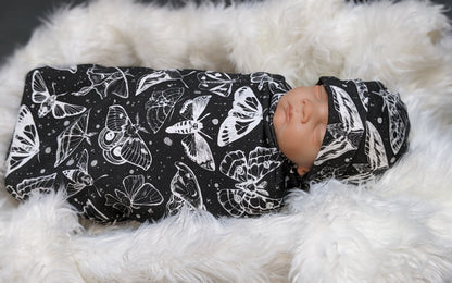 Goth Baby Swaddle,Witchy White Moths Blanket + Headband or Hat,Heavy Metal Baby,Death Moth Blanket,Paint Splatter Print,Fantasy Baby