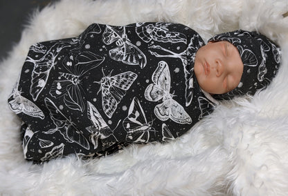 Goth Baby Swaddle,Witchy White Moths Blanket + Headband or Hat,Heavy Metal Baby,Death Moth Blanket,Paint Splatter Print,Fantasy Baby