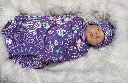 Pastel Goth Baby Swaddle + Hat or Band,Goth Baby Clothes,Bat in purple Teal Newborn Witchy Wrap,Skull Baby Blanket- 1 ONLY FLASH SALE